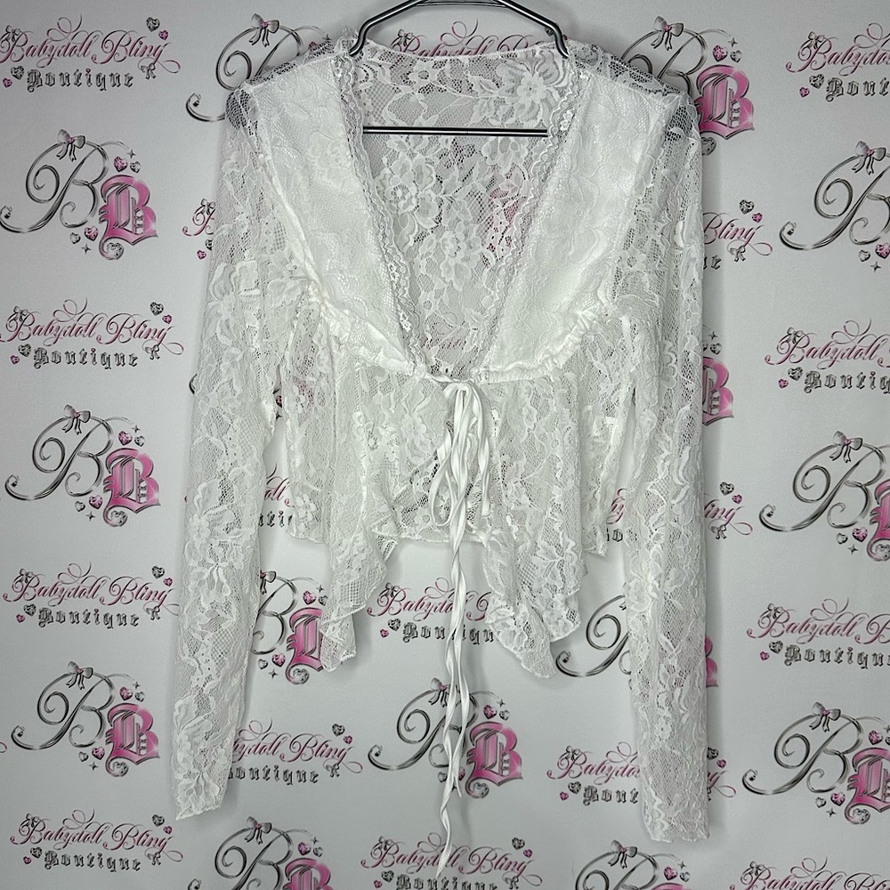 Cardigan lace top ribbon tie up white floral sexy stretchy